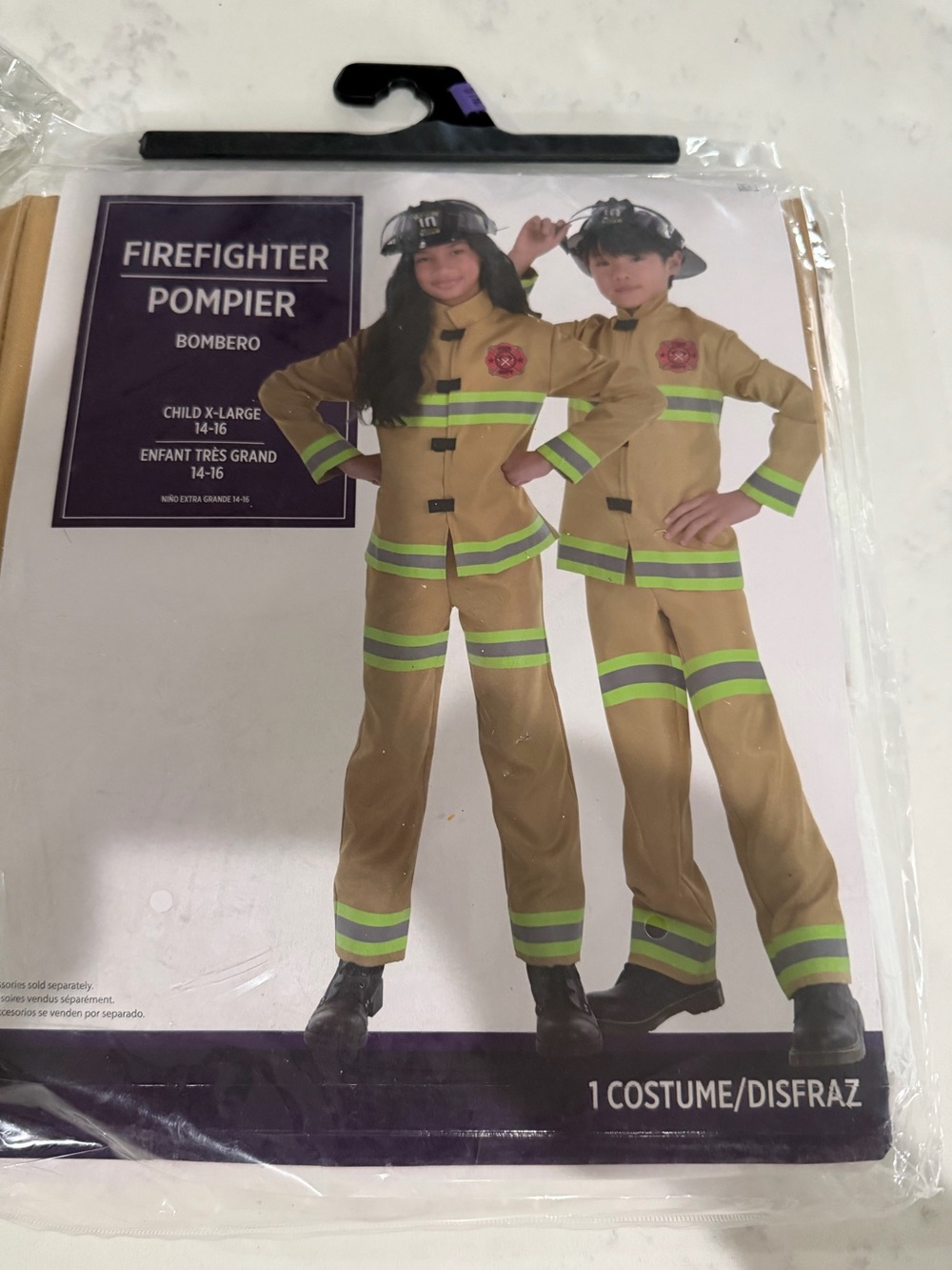 Children's Tan Firefighter Halloween Costume with Lime Reflective Trim - Picture 6 of 10